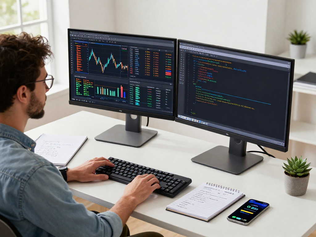 Real-time forex API integration scene showcasing active coding with spot gold real-time API on dual monitors amid a modern workspace.