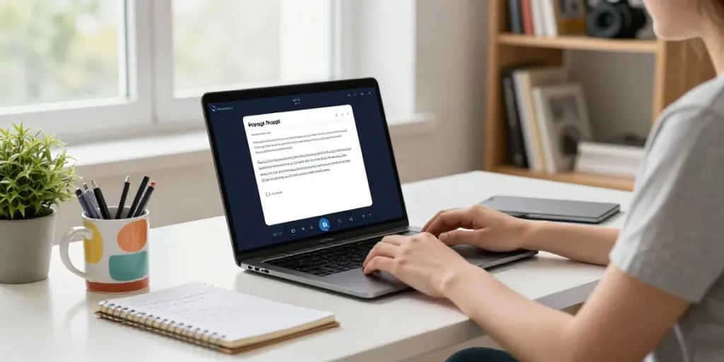Content creator using an automatic text generator in a modern workspace, generating coherent text on a laptop.