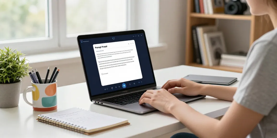 Content creator using an automatic text generator in a modern workspace, generating coherent text on a laptop.
