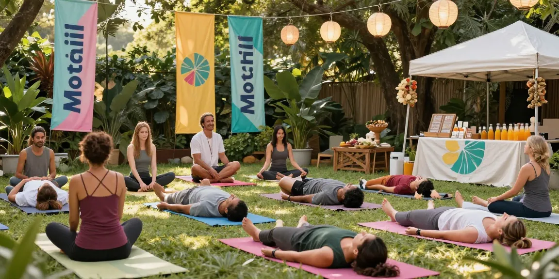 Community members practicing yoga at a Motchill wellness festival, emphasizing relaxation and harmony.