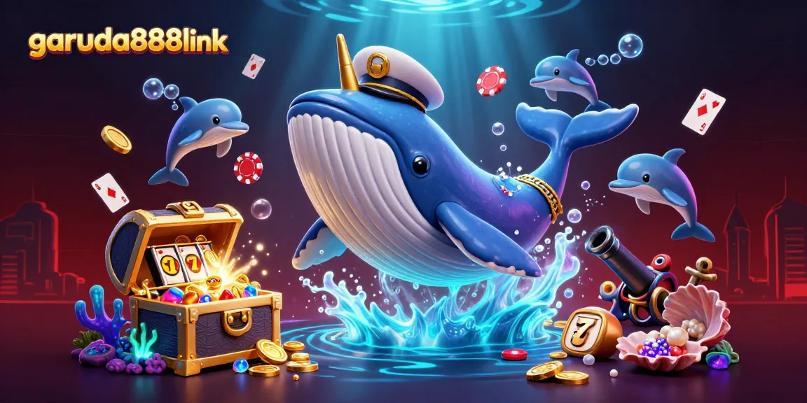 Win big with garuda888link as a cartoon whale and playful dolphins celebrate in a casino-themed underwater paradise.
