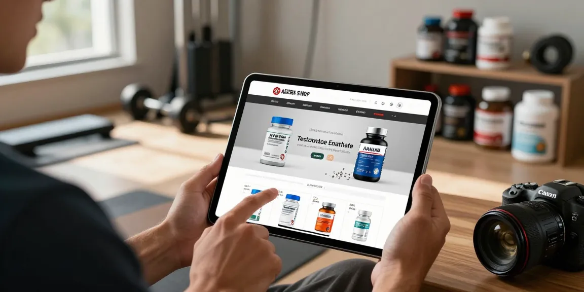 Browsing the Astera Shop for premium steroids and supplements in a modern home gym setting.