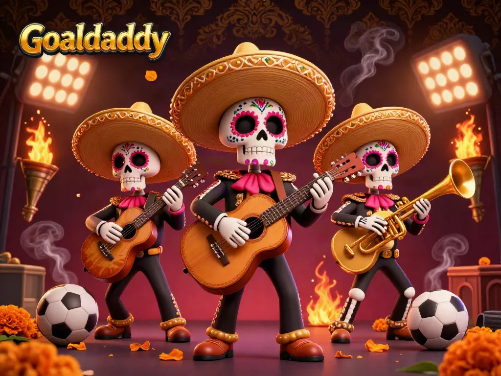 Goaldaddy football betting celebration with Dia de los Muertos mariachi band in vibrant 3D illustration.