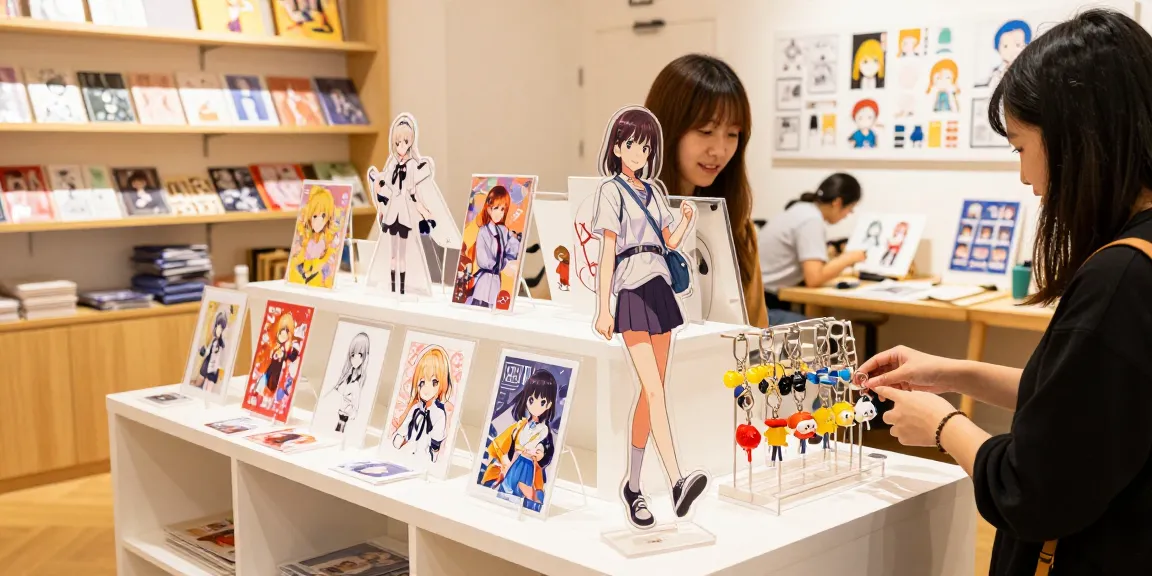 Interactive display of custom acrylic stands with vibrant designs and a customer examining products in a modern boutique.