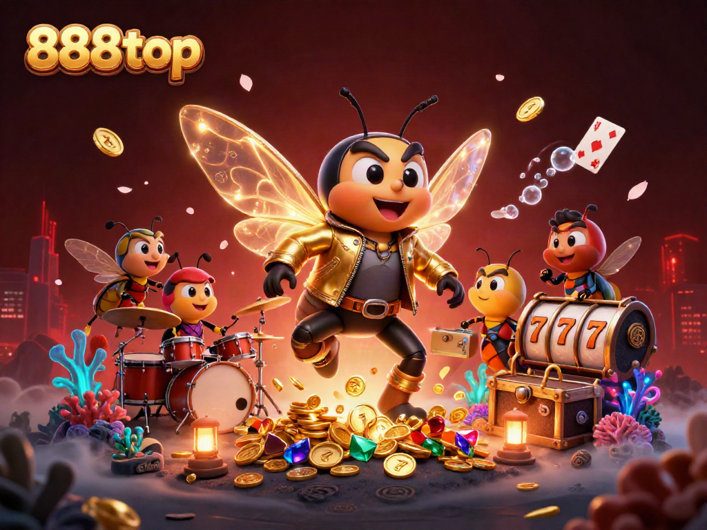 Engage with 888top's vibrant casino magic featuring a charming cicada rock star band amidst treasure and shimmering gems.