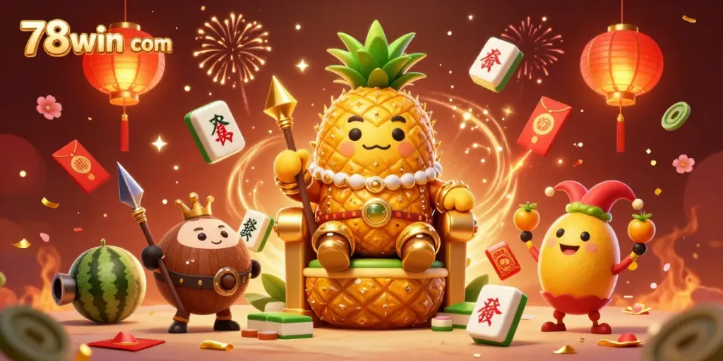 Engage in thrilling casino fun with the vibrant 78win com illustration featuring a pineapple king and game elements.