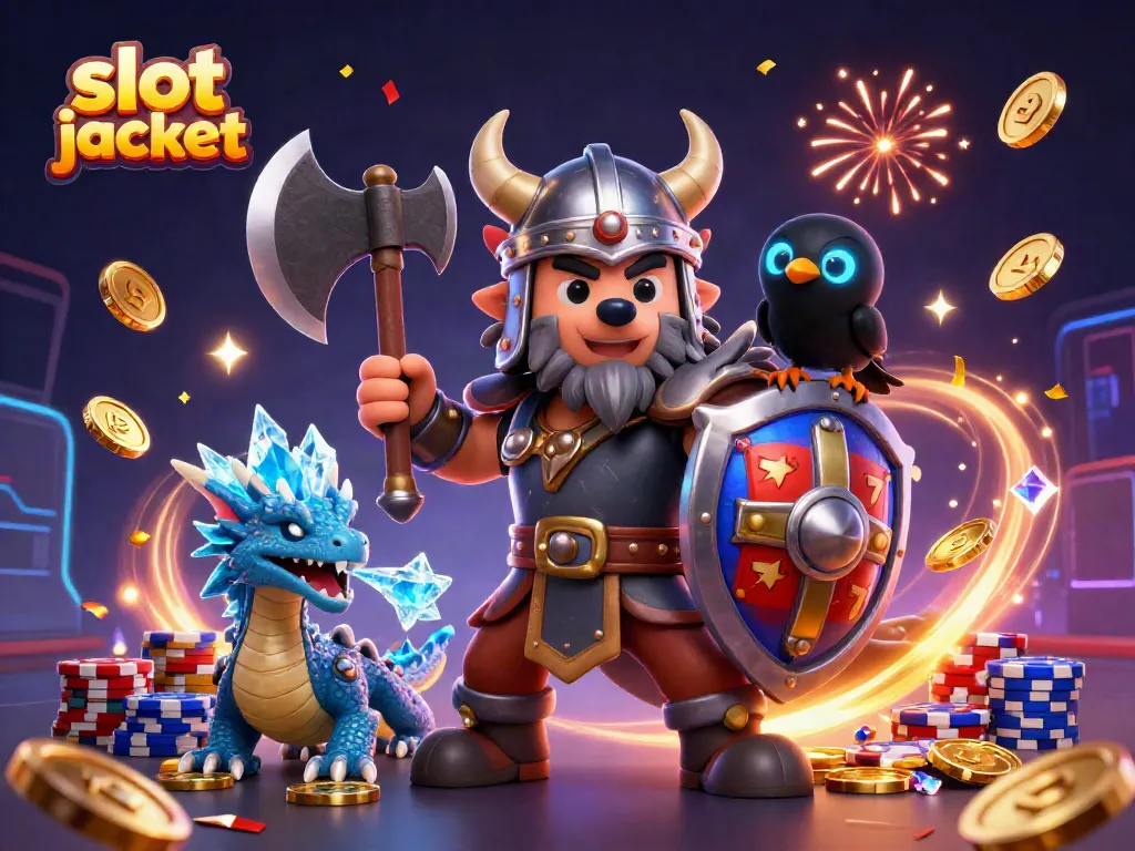 Experience the excitement of slot jackpot with vibrant characters, coins, and festive confetti.