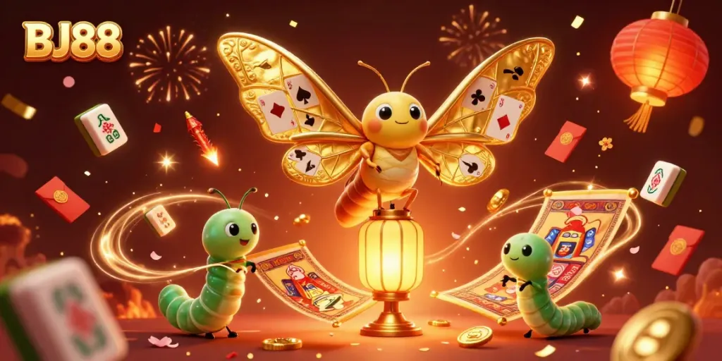 BJ88 captures the vibrant casino spirit with a moth and lantern, enhanced with golden casino symbols.