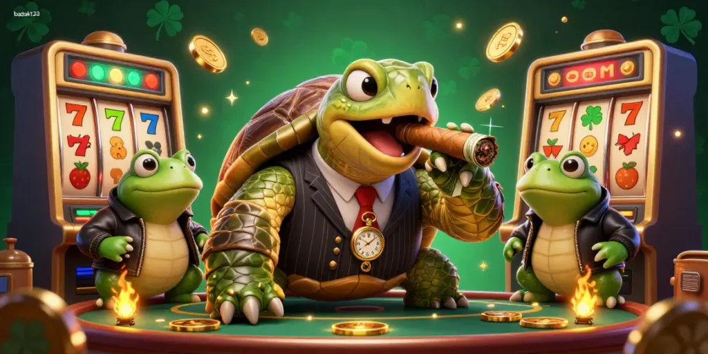 BADAK123 membawa keseruan permainan slot dengan karakter unik dalam ilustrasi kasino digital.