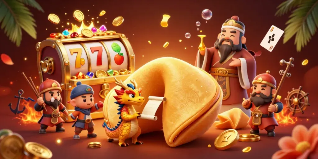 Spin the slot reels in a vibrant casino scene featuring a fortune cookie and mythical dragon.
