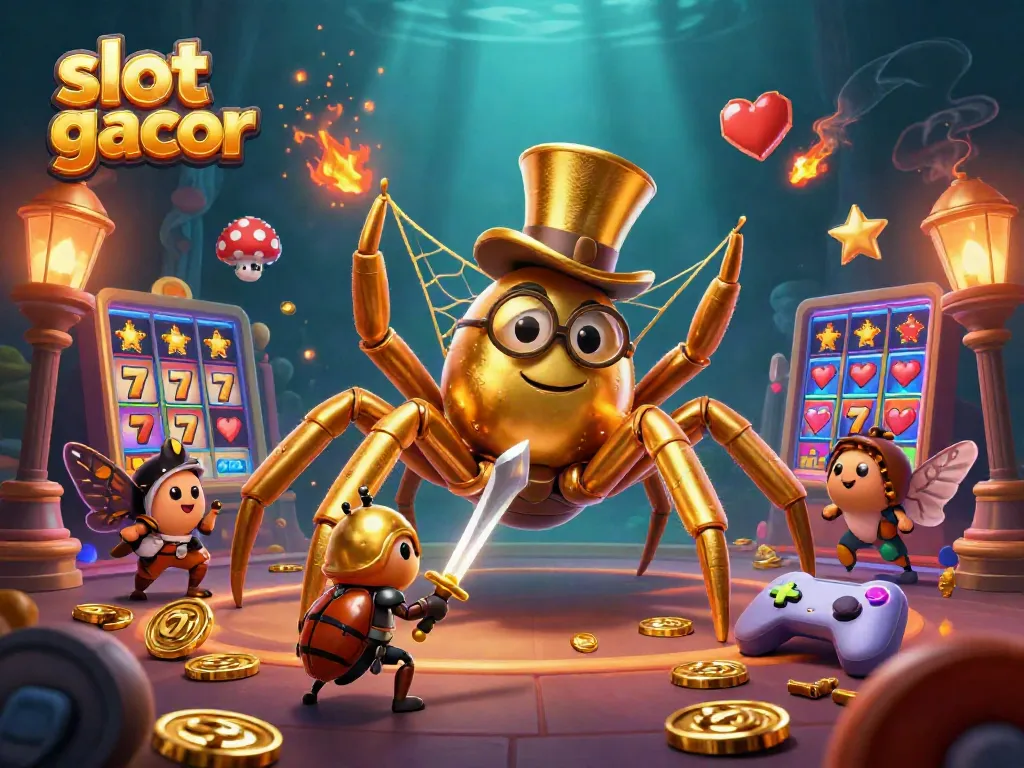 Experience the excitement of slot gacor with a vibrant 3D scene featuring golden characters and colorful slot elements.