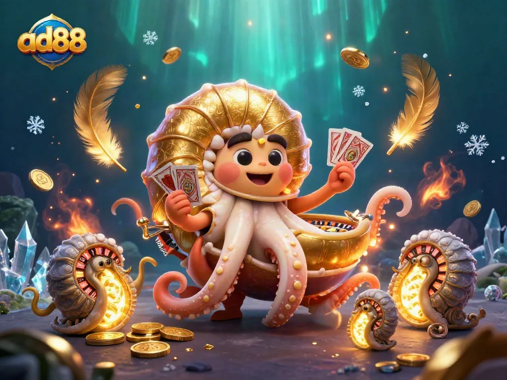 ad88 showcases a vibrant gambling scene with a nautilus roulette wheel and glowing cards.