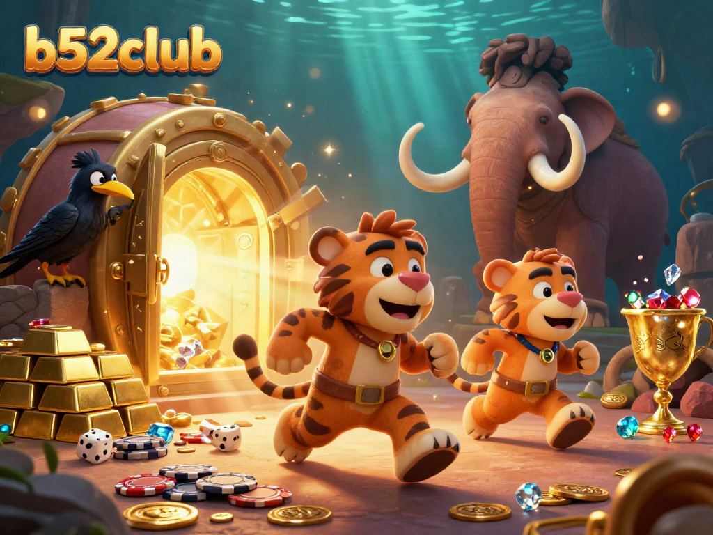 Experience the thrill of b52club with a dynamic scene featuring cartoon characters in a vivid casino setting.