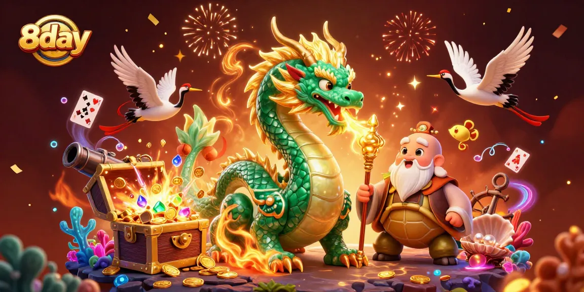 Experience the thrilling vibes of 8day online casino with vibrant dragons, treasure, and lucky symbols.