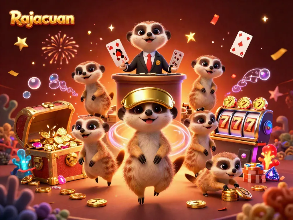 Rajacuan meerkats managing a busy casino with dynamic slots and treasure exploding around them.