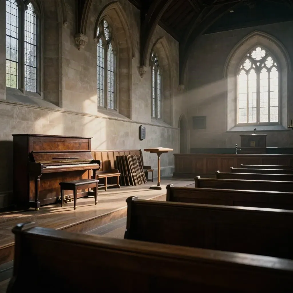 Empty stone choir hall with timber risers, upright piano and slanting post-rain light.