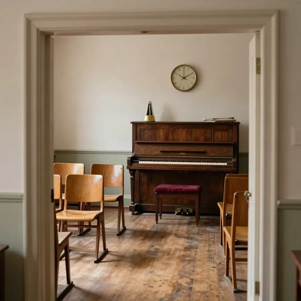 Empty parish hall rehearsal room with wooden chairs, upright piano, metronome and wall clock in warm sunlight.