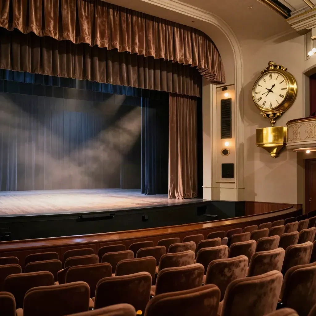 Empty concert hall from the balcony with velvet curtains, brass clock, and glowing footlights.