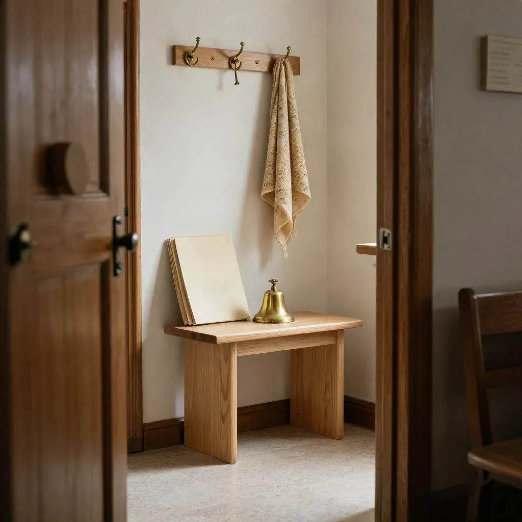 Choir intake corner with folders, coat hooks, bench and brass bell in warm light.
