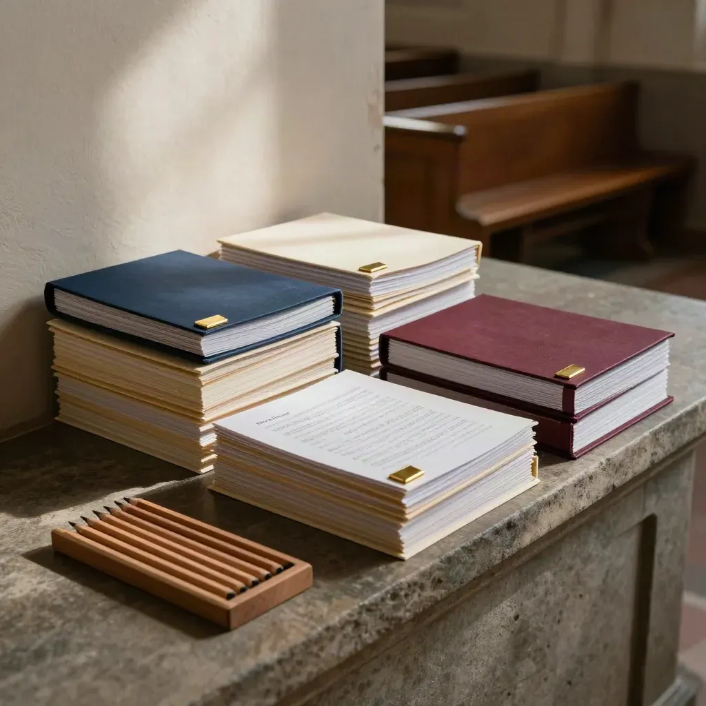 Top-down choir folders, score pages, gold clips and a wooden pencil tray on a stone ledge.