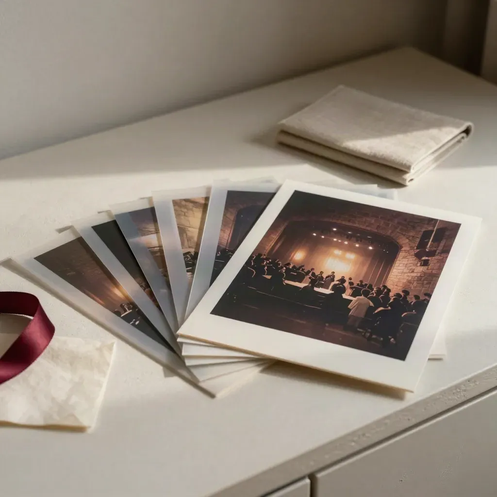 Matte concert prints, sleeves and a linen folio on a pale plaster surface in moody light.