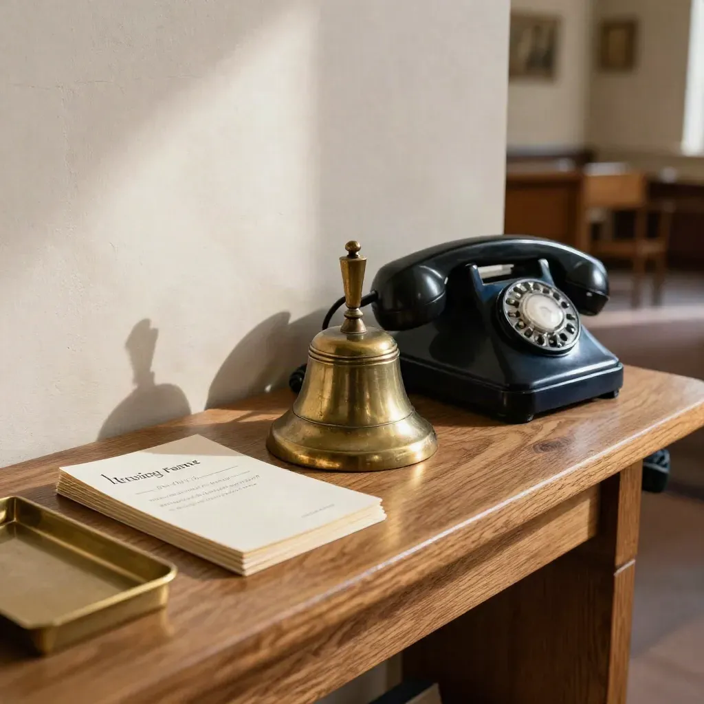Brass bell, vintage phone receiver, and reply cards on a narrow console in warm window light.
