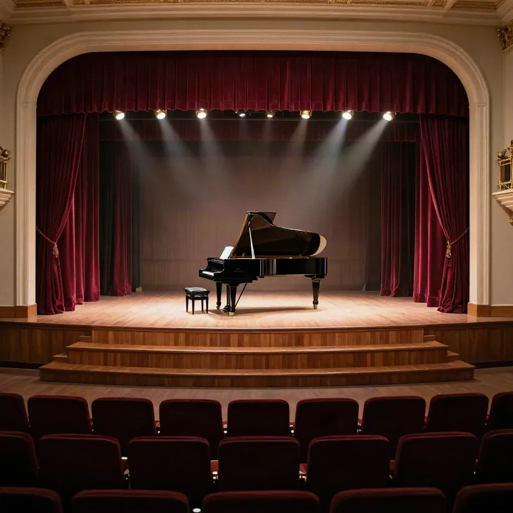 Moody empty town hall stage with risers, grand piano, and burgundy curtains