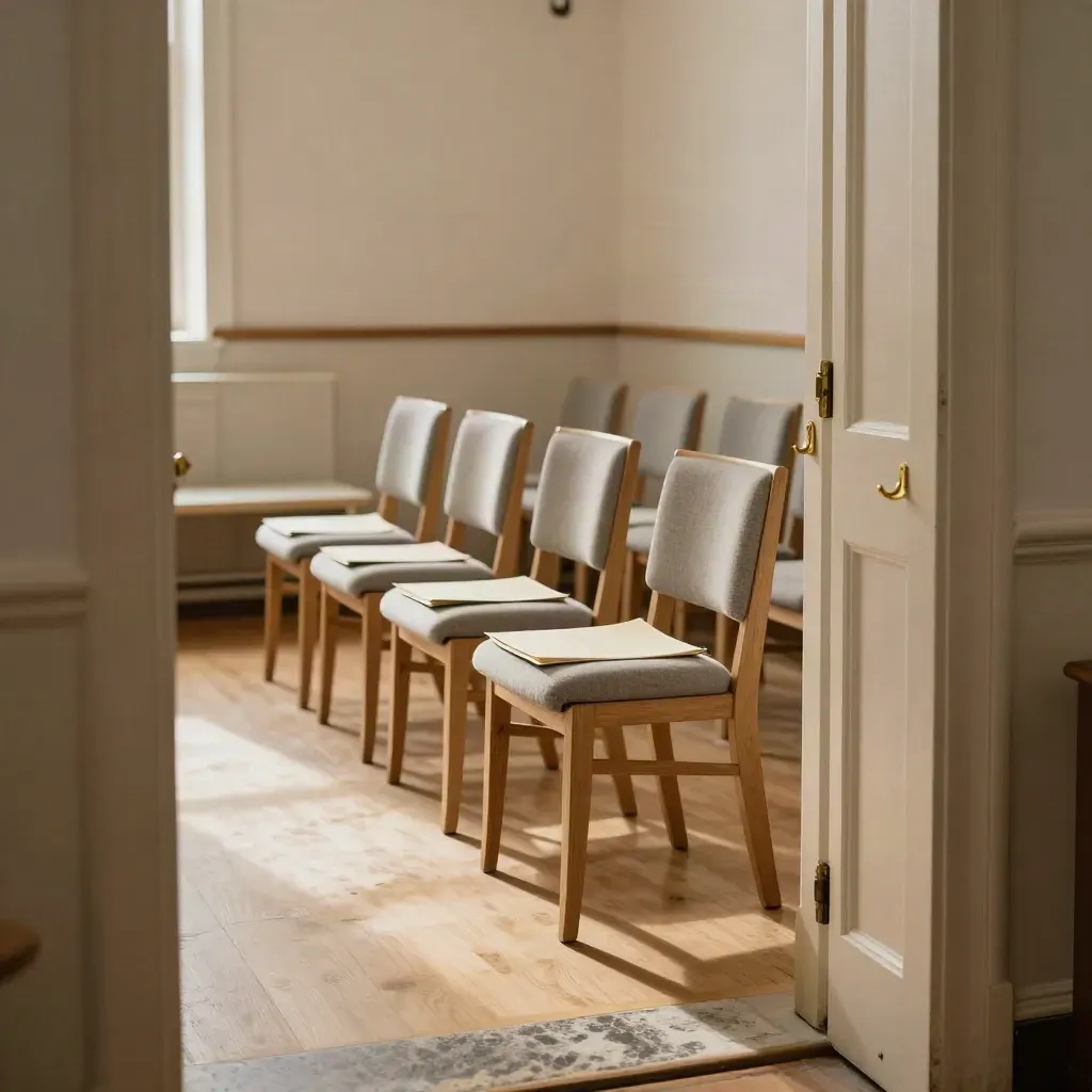 Open doorway to a neatly arranged choir rehearsal room with chairs, folders, and a welcoming bench.
