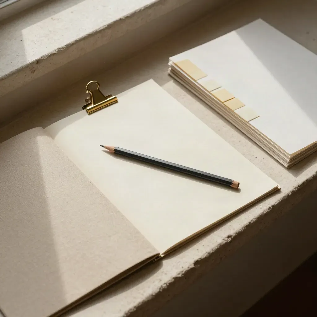 Top-down choir folders, clips, and pencil on a stone ledge in warm afternoon light.