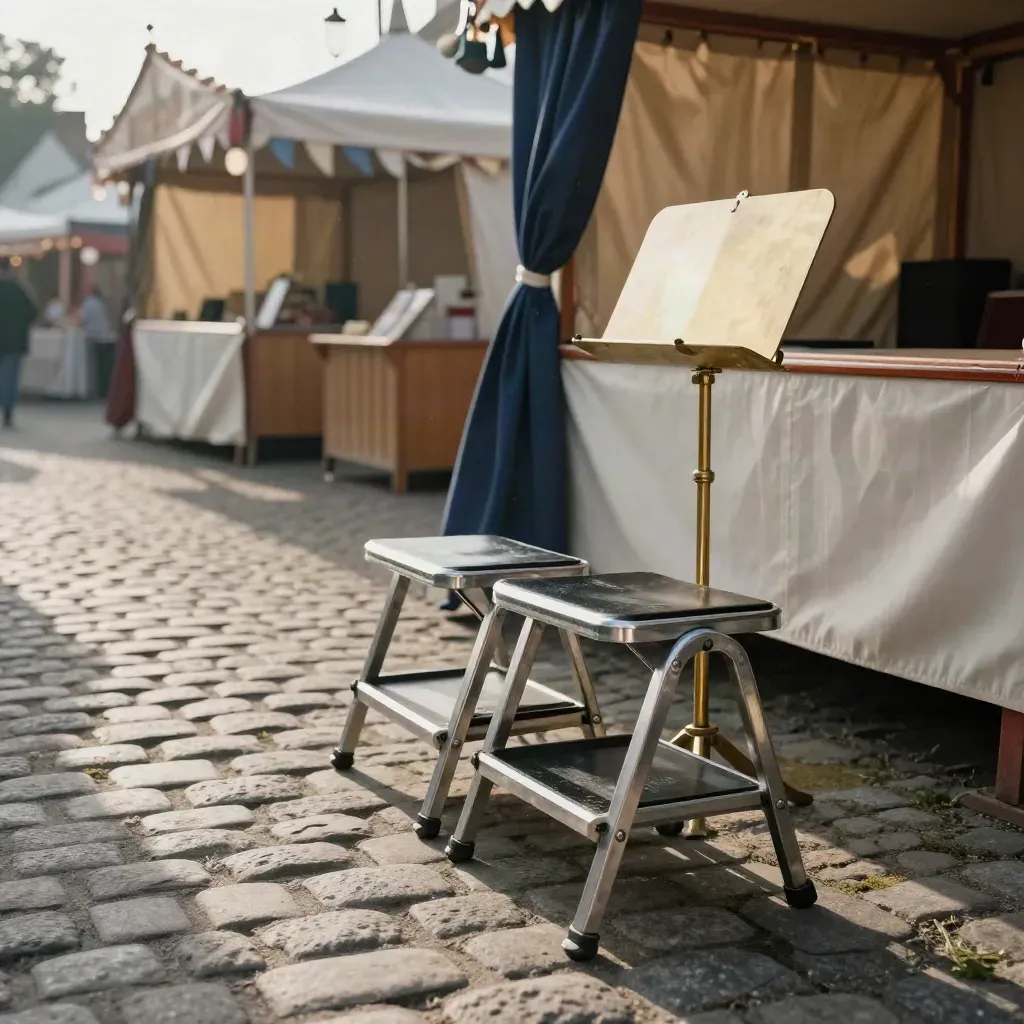 Portable choir risers and a brass stand on cobbles at a sunny village fair.