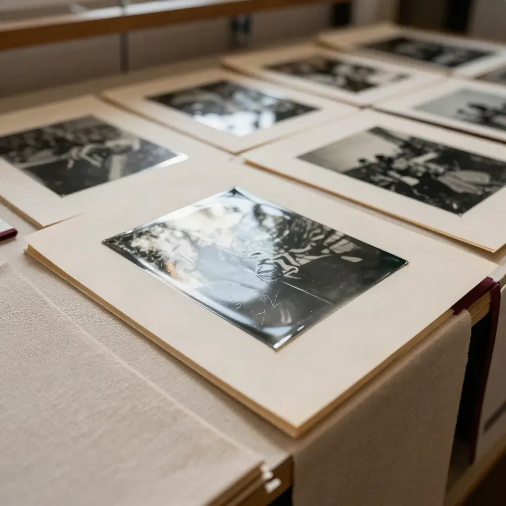 Glossy choir photo prints drying in linen sleeves on a print rack