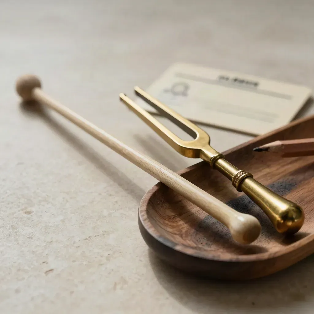 Baton, tuning fork, and rehearsal pencil in a walnut tray on stone, lit dramatically.