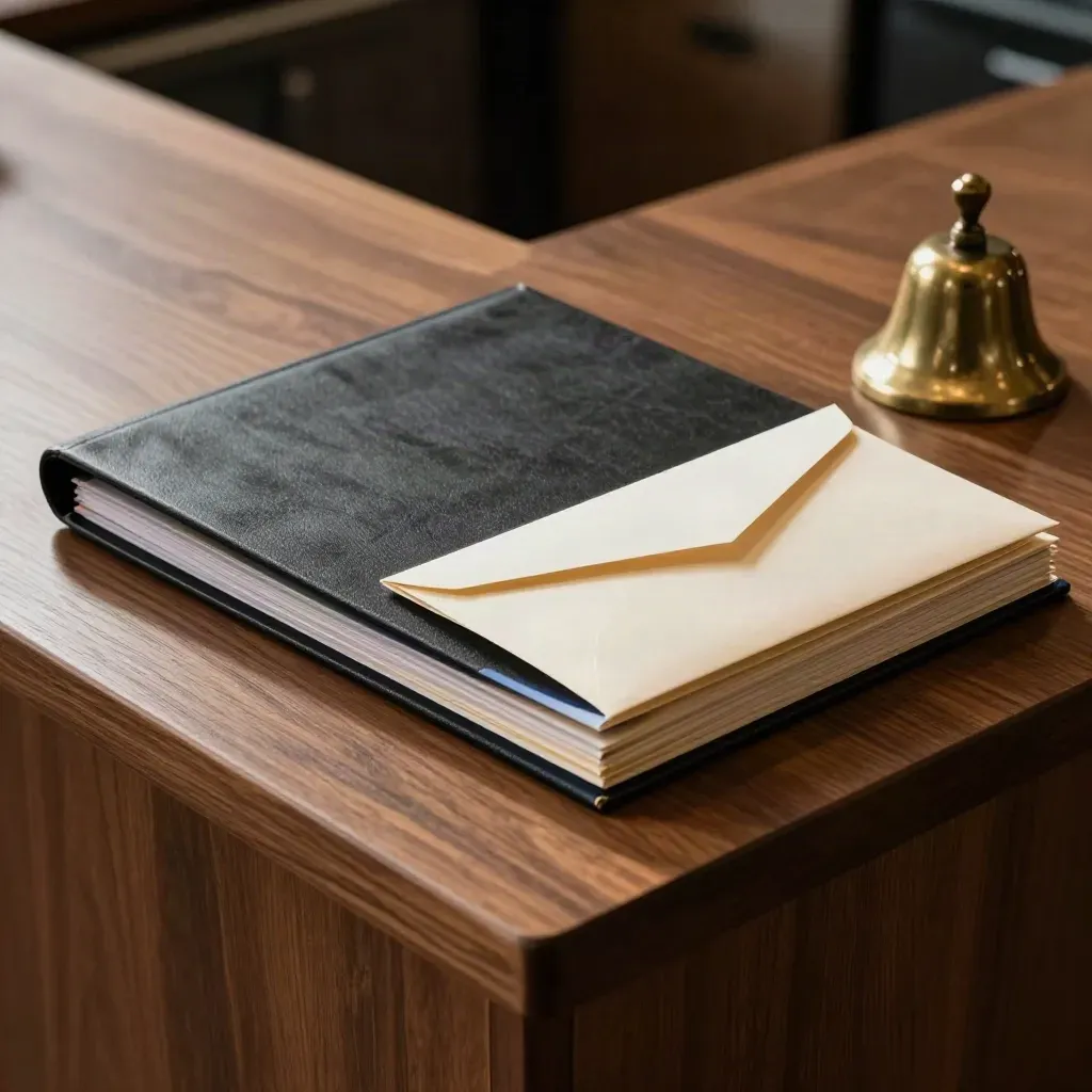 Black choir membership folders, cream envelopes and a brass bell on a walnut desk
