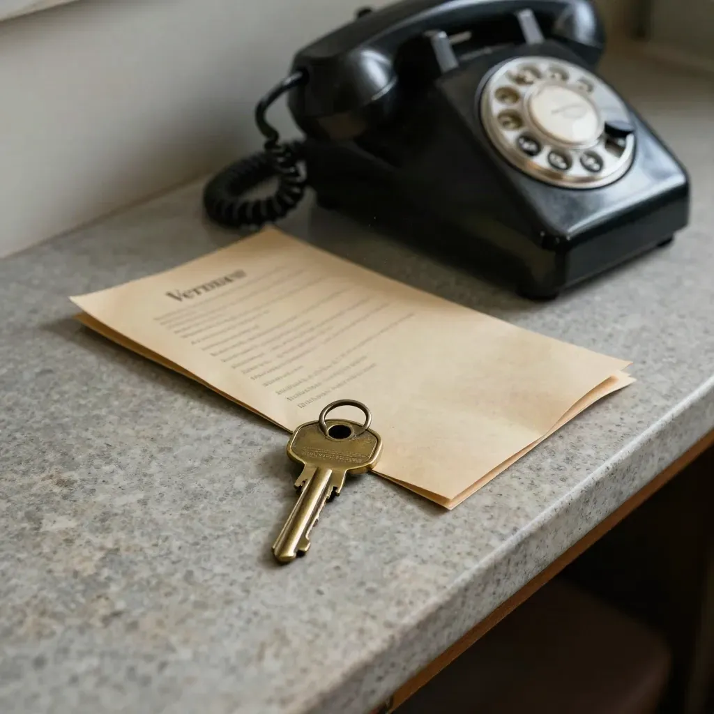 Brass keys, folded venue notes and a vintage phone on limestone in soft daylight.