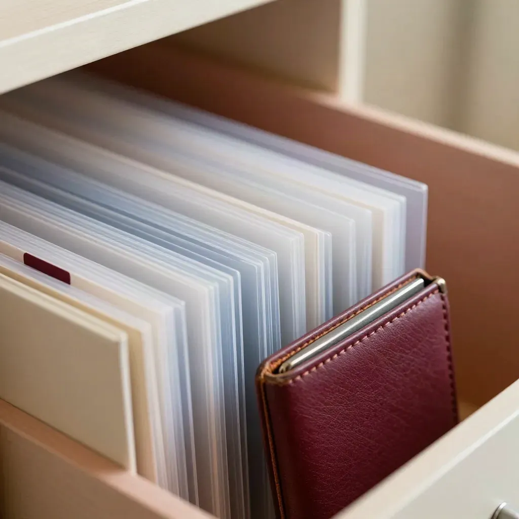 Archival photo sleeves, print box and media card wallet mid-sort in soft daylight