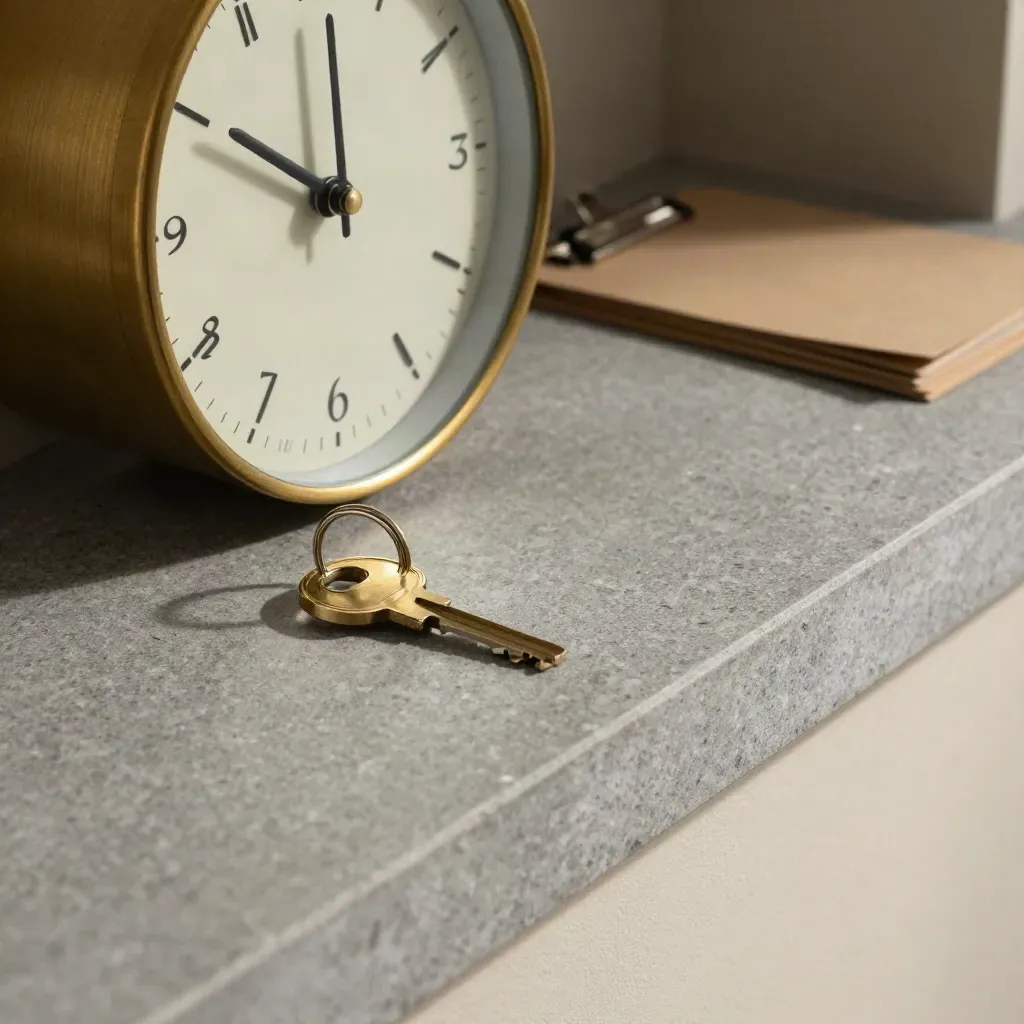 Top-down macro of a brass wall clock, key ring, and tabbed clasp on matte stone.