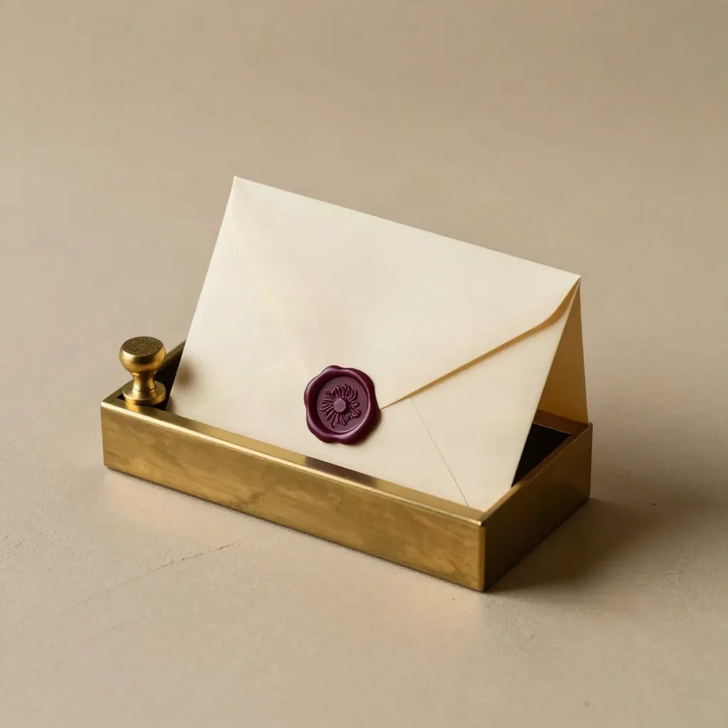Envelope sliding into brass mail slot with stamp on warm plaster