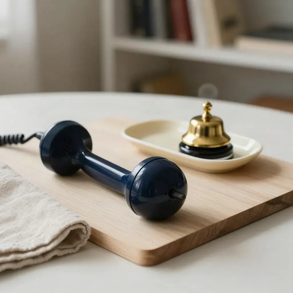 Vintage handset, brass bell, and reply tray on pale wood with soft side light.