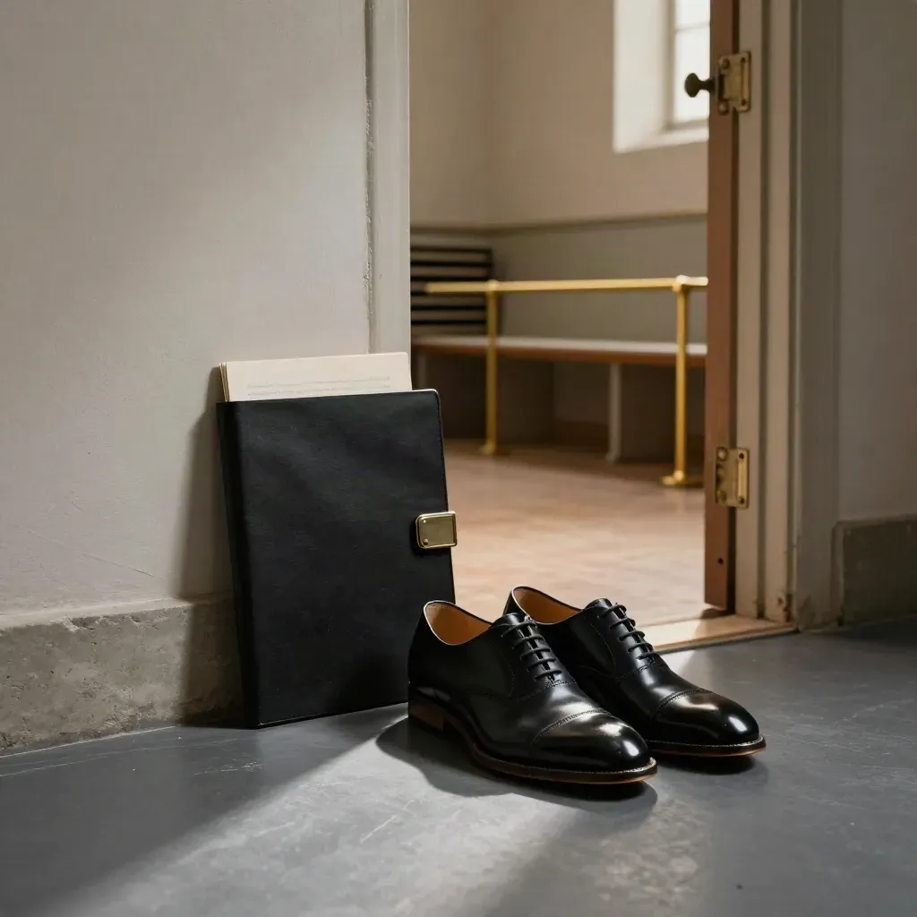 Polished shoes, black folder, and a lit choir-room doorway at a threshold
