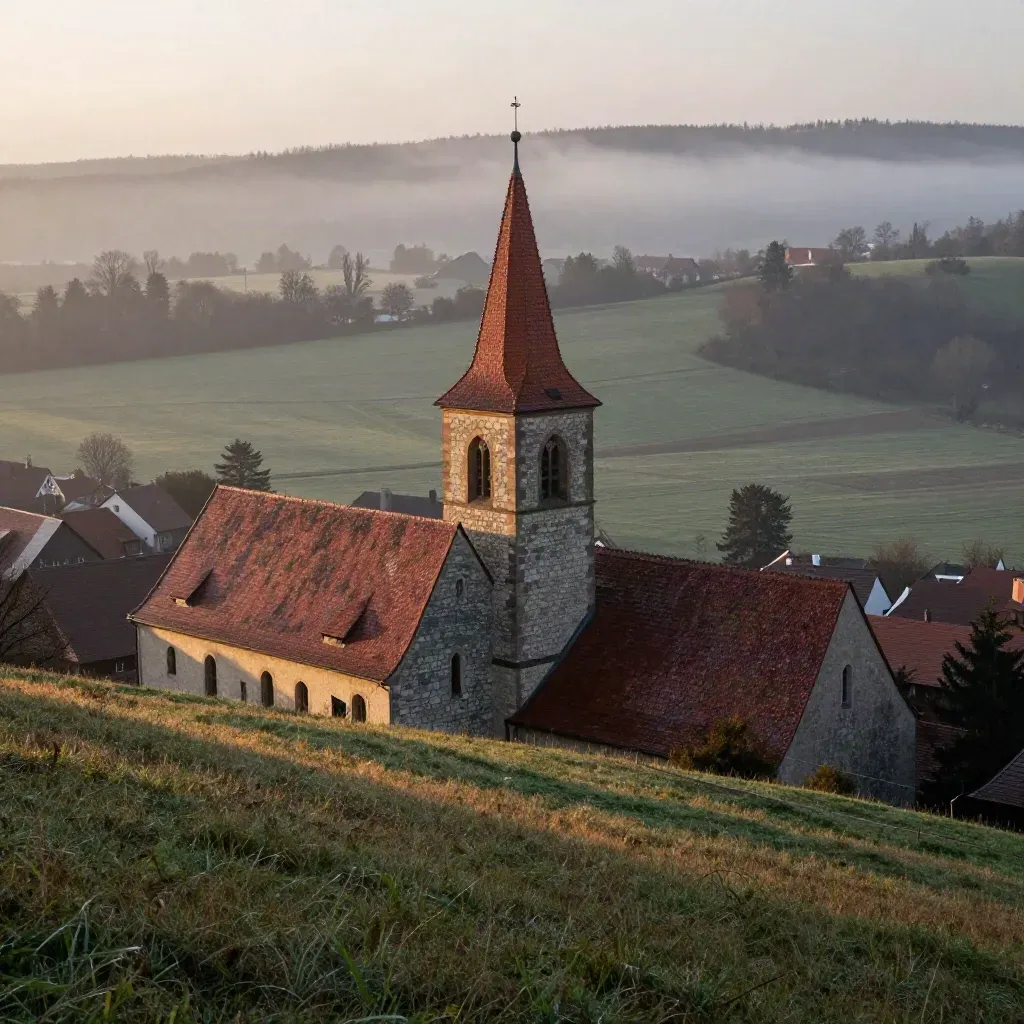 Oberelbert church tower and red roofs above misty meadows at golden hour