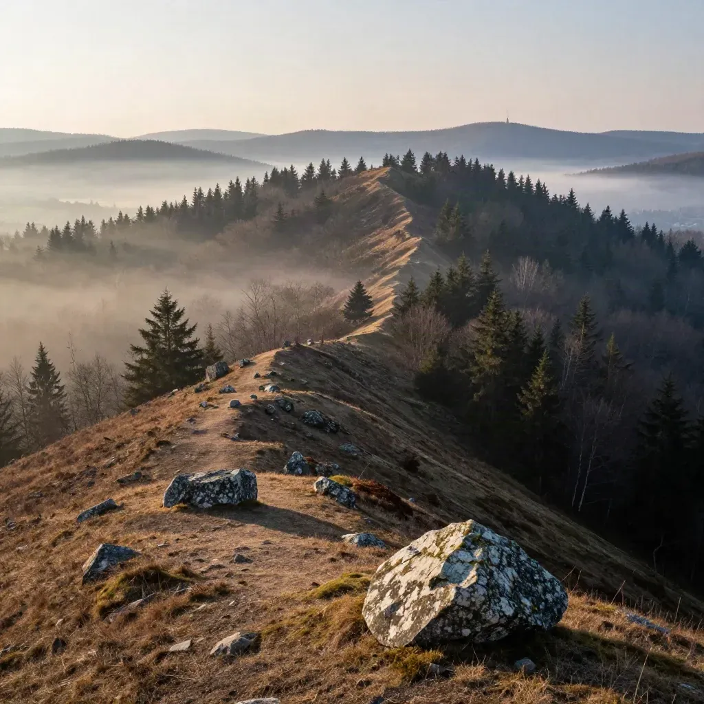 Mist over Westerwald forest ridge with a distant village spire and layered hills