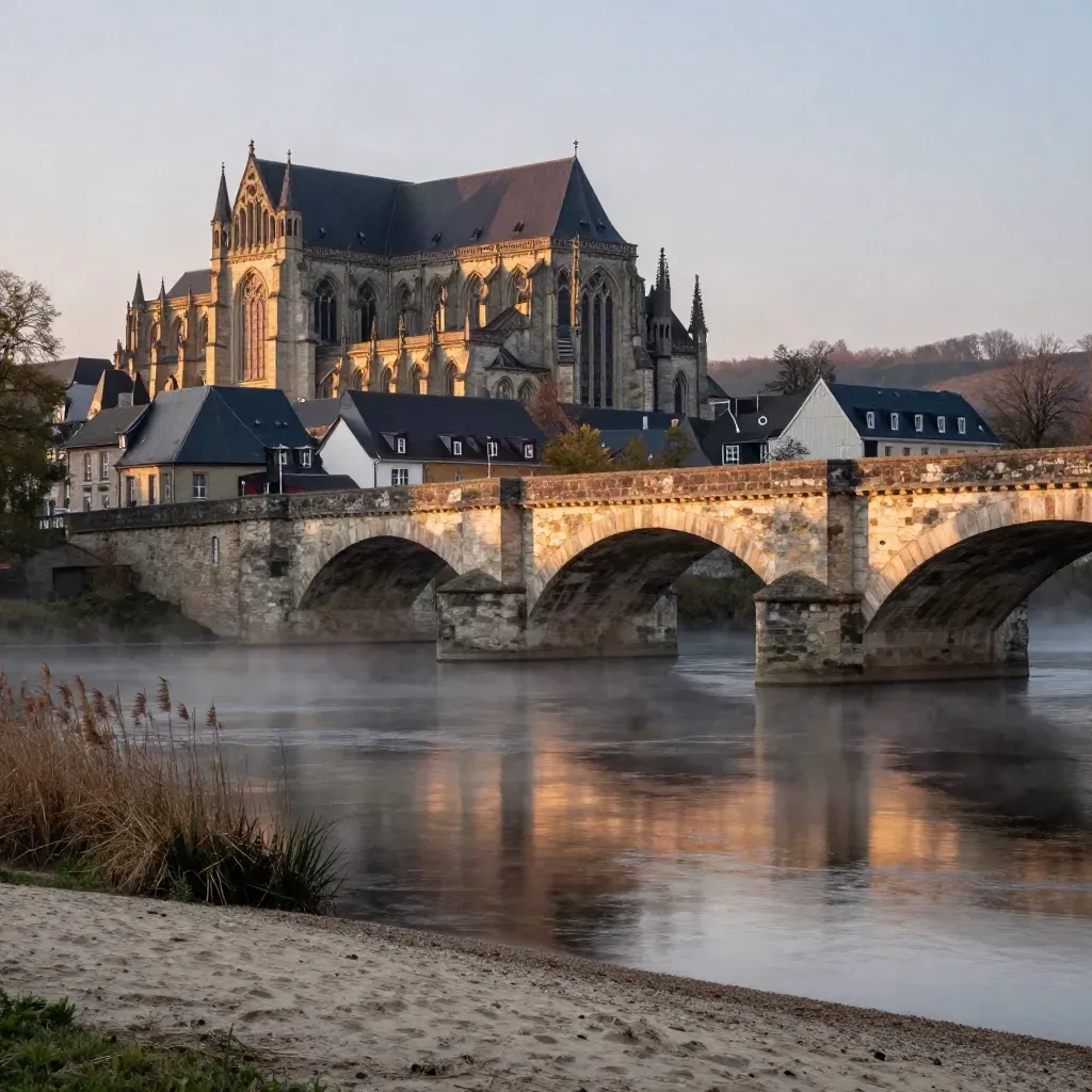 Limburg Cathedral and old stone bridge above a misty Lahn river bend at dusk.