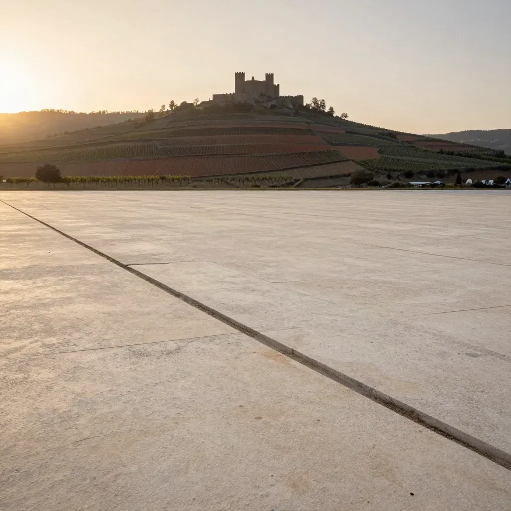 Hazy sunset over Rhein-Lahn terraces with a castle silhouette and calm cream stone foreground