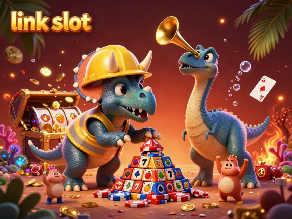 Engaging scene with a triceratops building a poker chip pyramid while surrounded by slot reels, showcasing the excitement of link slot gaming.