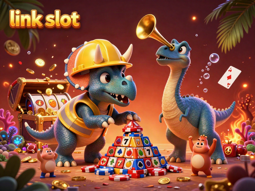Engaging scene with a triceratops building a poker chip pyramid while surrounded by slot reels, showcasing the excitement of link slot gaming.