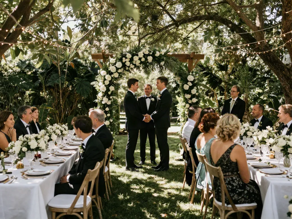 Stunning outdoor wedding with event rentals including floral decor, elegant table settings, and joyous celebration.