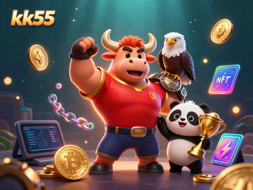 Engaging 3D scene showcasing kk55 with a bull mascot, eagle, and panda celebrating winning in a casino atmosphere.