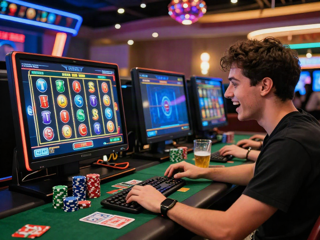 Player enjoying slots that accept credit cards in a modern online casino setup, showcasing excitement and vibrant gaming atmosphere.