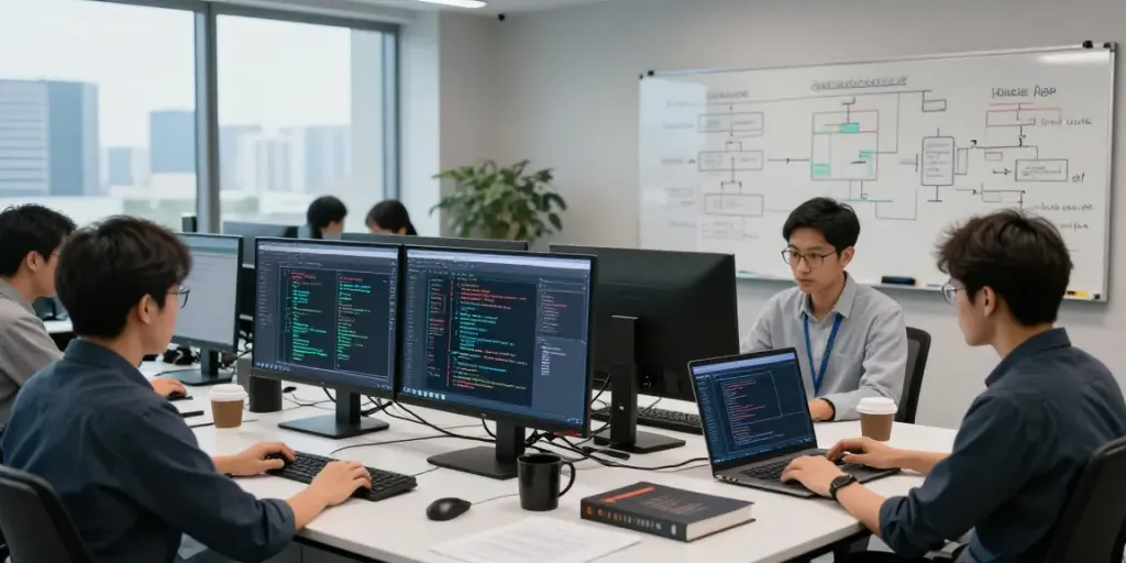 Collaboration in an AI lab focused on Enterprise AI development, showcasing a diverse team and technology.