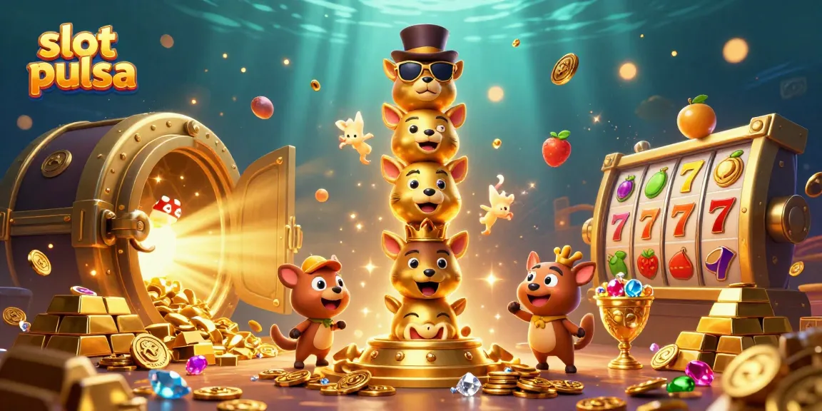 Menangkan judi slot pulsa dengan ilustrasi kasino yang penuh keceriaan dan harta karun emas.